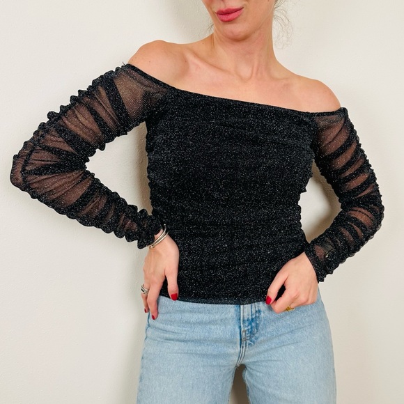 Forever 21 black silver long sleeve off-the-shoulder ruched mesh blouse top - Picture 3 of 7
